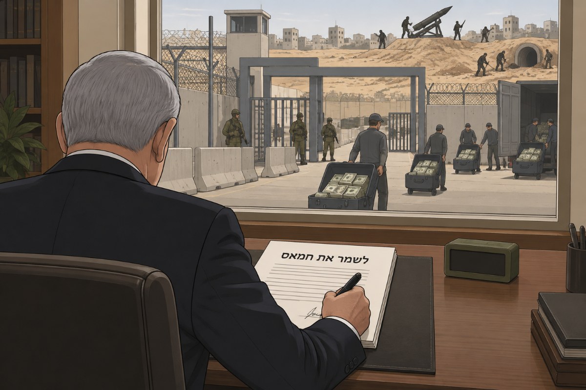 איור: נתניהו, מאחור, חותם על מסמך שכותרתו לשמר את חמאס, ובחלון מזוודות דולרים עוברות במעבר לעזה וחמאס בונה משגר ומנהרה
