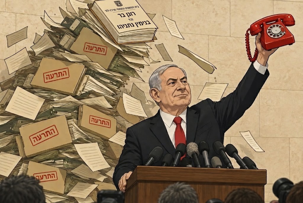איור: נתניהו מניף טלפון אדום מול מיקרופונים, ומאחוריו קורסת ערימה של תיקי התרעה ותיק בית המשפט המחוזי מרכז-לוד, רונן בר נגד בנימין נתניהו