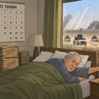 איור: נתניהו ישן במיטה ומשתיק שעון מעורר שמראה 06:29, ליד ערימות של תיקי התרעה ולוח שנה שבו 7 באוקטובר 2023 מוקף באדום, ומחוץ לחלון מחבלי חמאס בטנדרים לבנים