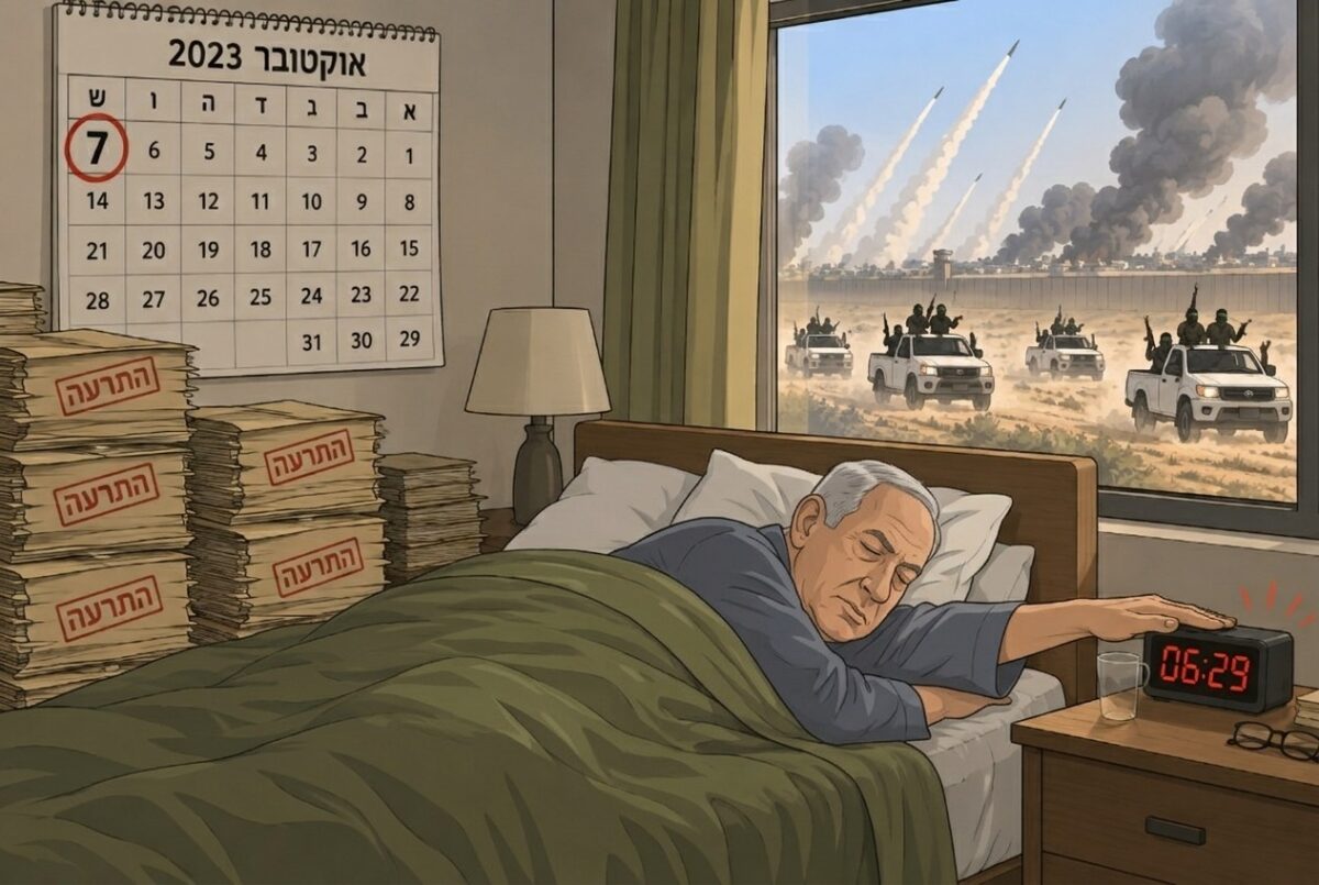 איור: נתניהו ישן במיטה ומשתיק שעון מעורר שמראה 06:29, ליד ערימות של תיקי התרעה ולוח שנה שבו 7 באוקטובר 2023 מוקף באדום, ומחוץ לחלון מחבלי חמאס בטנדרים לבנים