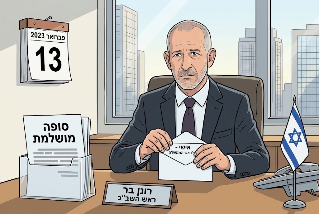 איור: רונן בר סוגר מעטפה אישית לראש הממשלה, ולידו מכתב "סופה מושלמת", פברואר 2023