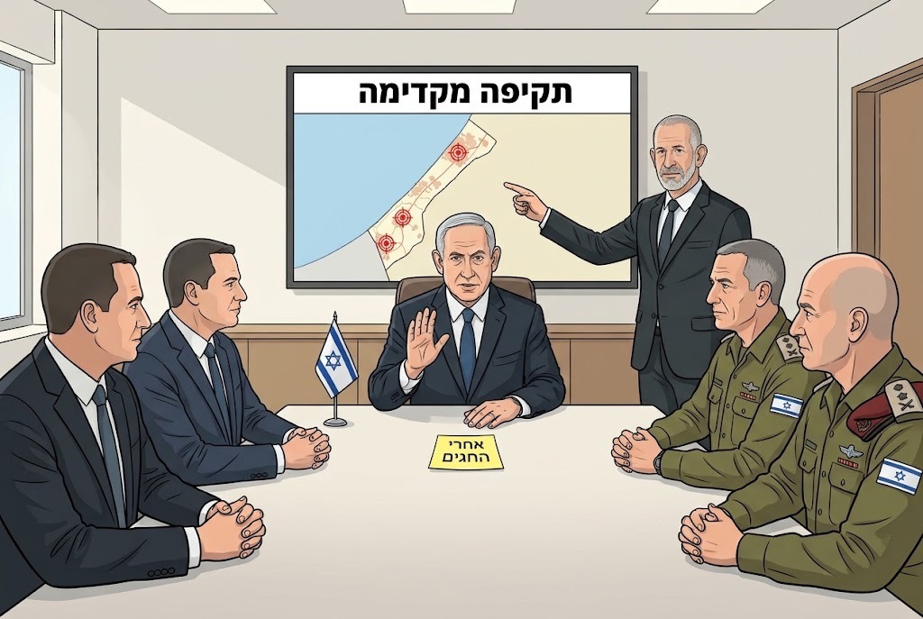 איור: ראש השב"כ מציג בקבינט תוכנית לתקיפה מקדימה בעזה, ולפני נתניהו פתק "אחרי החגים", ספטמבר 2023