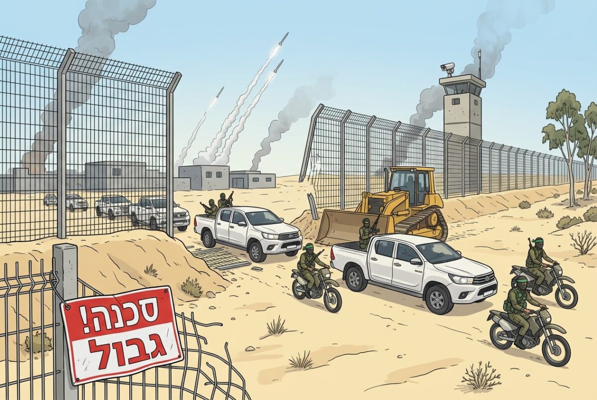איור: מחבלי חמאס פורצים את גדר הגבול עם עזה בטנדרים ובאופנועים