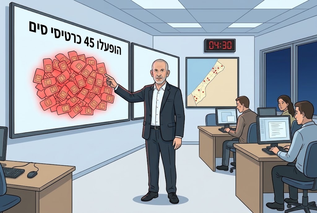 איור: הערכת המצב בשב"כ בלילה שבין 6 ל-7 באוקטובר, ועל המסך "הופעלו 45 כרטיסי סים"