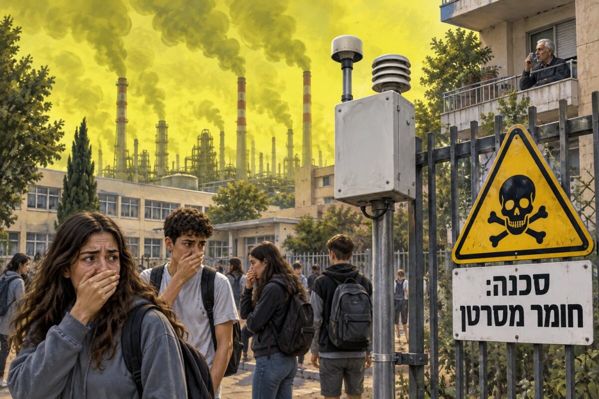 חצר של בית ספר בקריית אתא עם תחנת ניטור ושלט אזהרה, תלמידים מכסים את הפה וקשיש עם משאף במרפסת ממול
