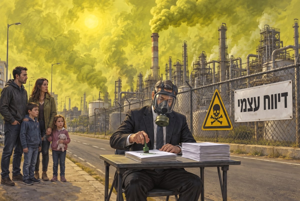 פקיד בחליפה עם מסכת גז מחתים מסמכים מול גדר בית זיקוק עם שלט "דיווח עצמי", והורים עם ילדים מביטים בו מהצד השני של הכביש