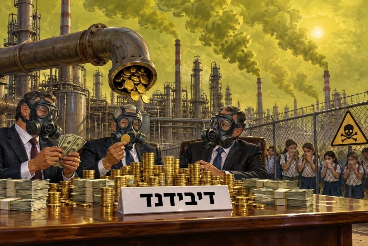 מנהלים בחליפות עם מסכות גז סביב שולחן עם ערימות מטבעות ושלט "דיבידנד", צינור מטבעות יוצא מבית הזיקוק, וילדים מכסים את הפה מאחורי הגדר
