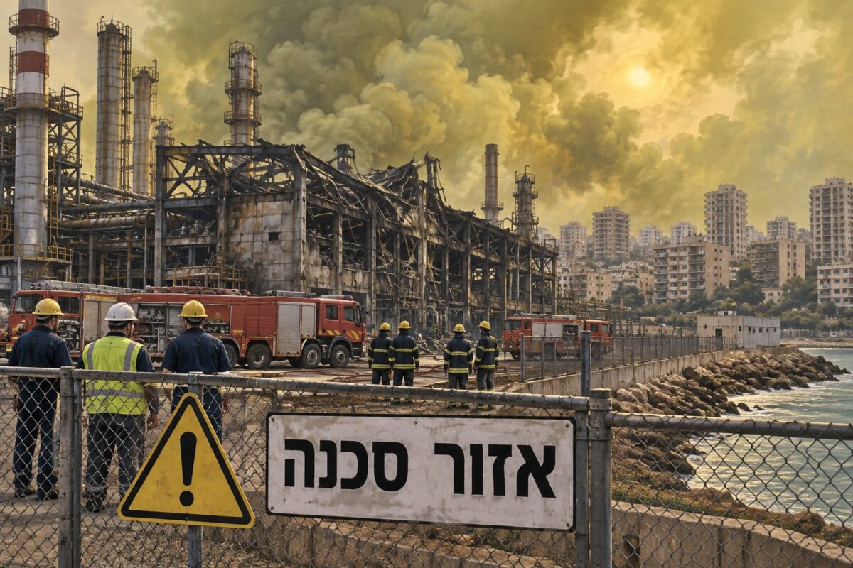 תחנת כוח פגועה בבית זיקוק ליד הים, כבאים ועובדים מביטים בנזק ושלט "אזור סכנה"