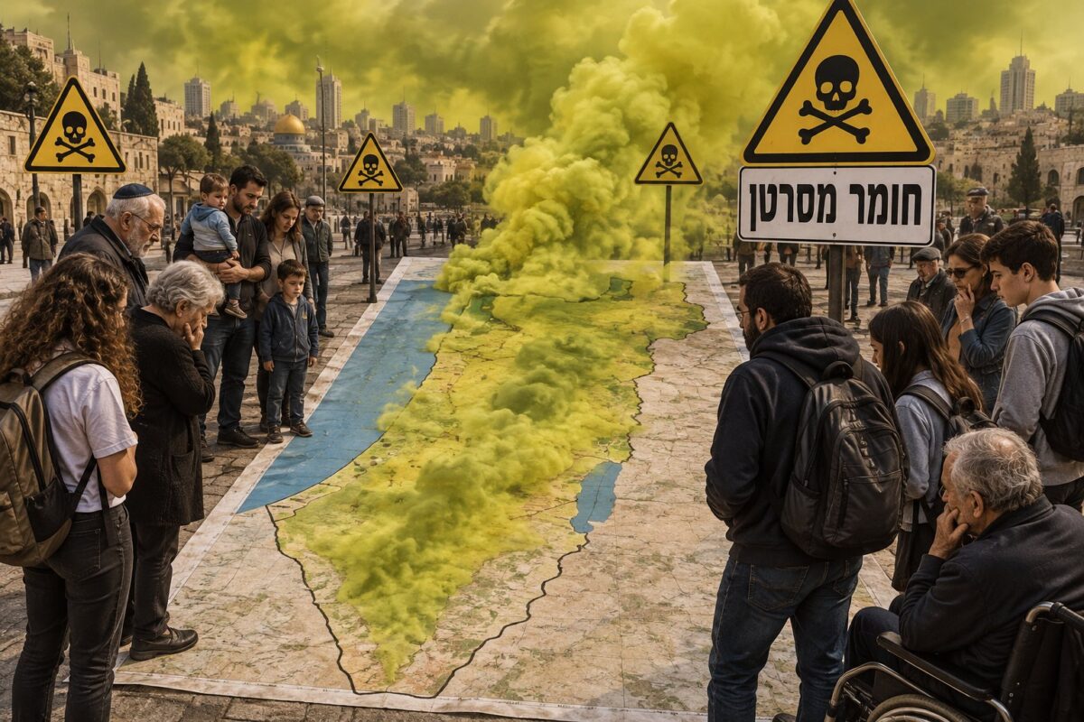 מפת ישראל פרושה בכיכר, ענן גז צהוב מתפשט עליה ממפרץ חיפה ואנשים בכל הגילים מביטים בה