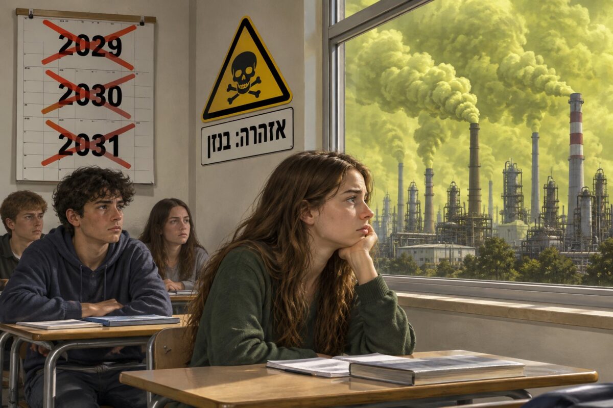 כיתה עם לוח שנה שבו השנים 2029, 2030 ו-2031 מסומנות באיקס, ומבעד לחלון בית זיקוק פולט גז צהוב