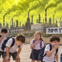 ילדים משתעלים ונחנקים בחצר בית ספר, ענן גז צהוב ממלא את השמיים מעל ארובות בית הזיקוק ושלט "בז״ן חיפה"