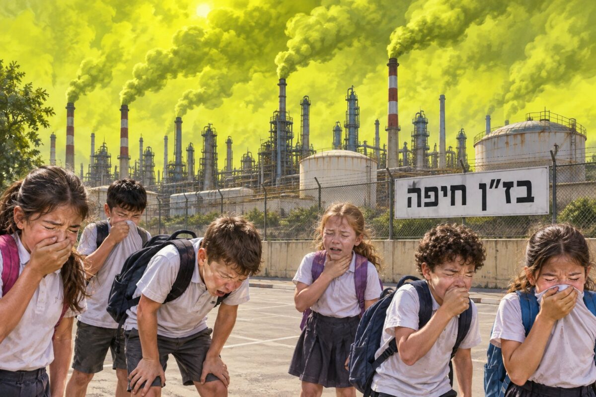 ילדים משתעלים ונחנקים בחצר בית ספר, ענן גז צהוב ממלא את השמיים מעל ארובות בית הזיקוק ושלט "בז״ן חיפה"
