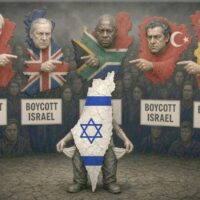 דמות בצורת מפת ישראל עומדת עם כיסים ריקים, ומעליה מדינות שמצביעות עליה עם שלטי חרם