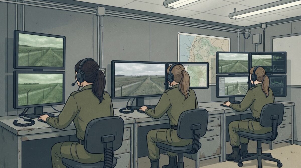 שלוש תצפיתניות יושבות עם אוזניות קשר מול מסכים שמראים את גדר הגבול