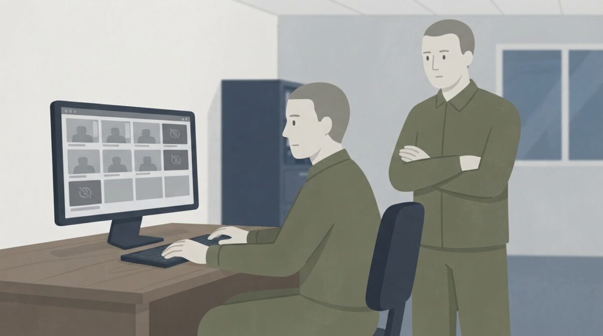 חייל יושב מול מסך עם קובצי וידאו שחלק מהמשבצות בו ריקות, וחייל שני עומד מאחוריו